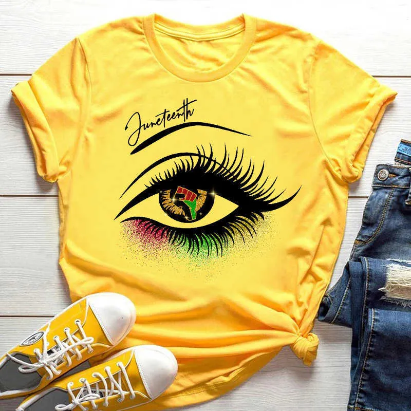 Female Casual Tshirts Summer New Fashion Melanin Black Girls Graphic Print Yellow T-Shirt Women Cartoon Short Sleeve Tops Tee X0527