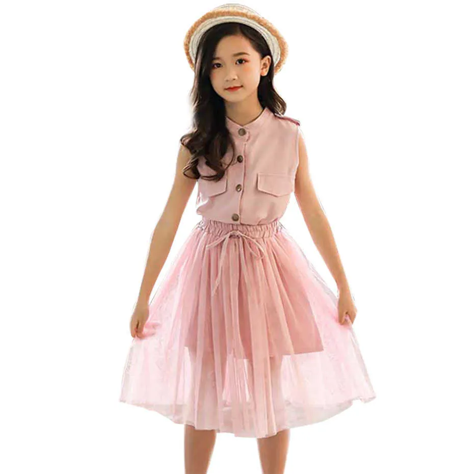 Teenage Clothes Solid Shirt Dress + Mesh Skirt 2PCS Suit For Girls Sleeveless Kids Girl Casual Summer 210528