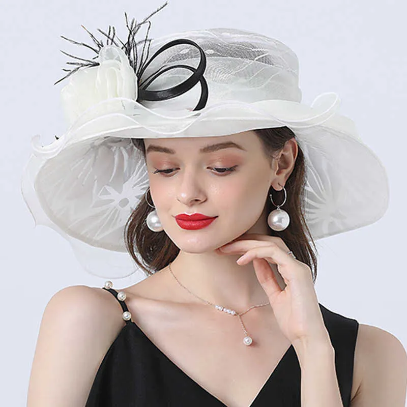 Womens Organza Wide Brim Sun Hat Lightweight Summer Church  display picture 2