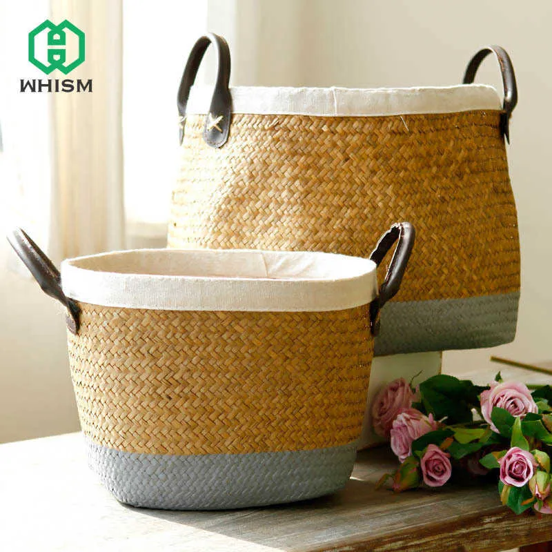 Pastoral Handmade Seagrass Basket Painted Linen Edge Flower Pot PU Handle Braided Rattan Woven Big Laundry 210609