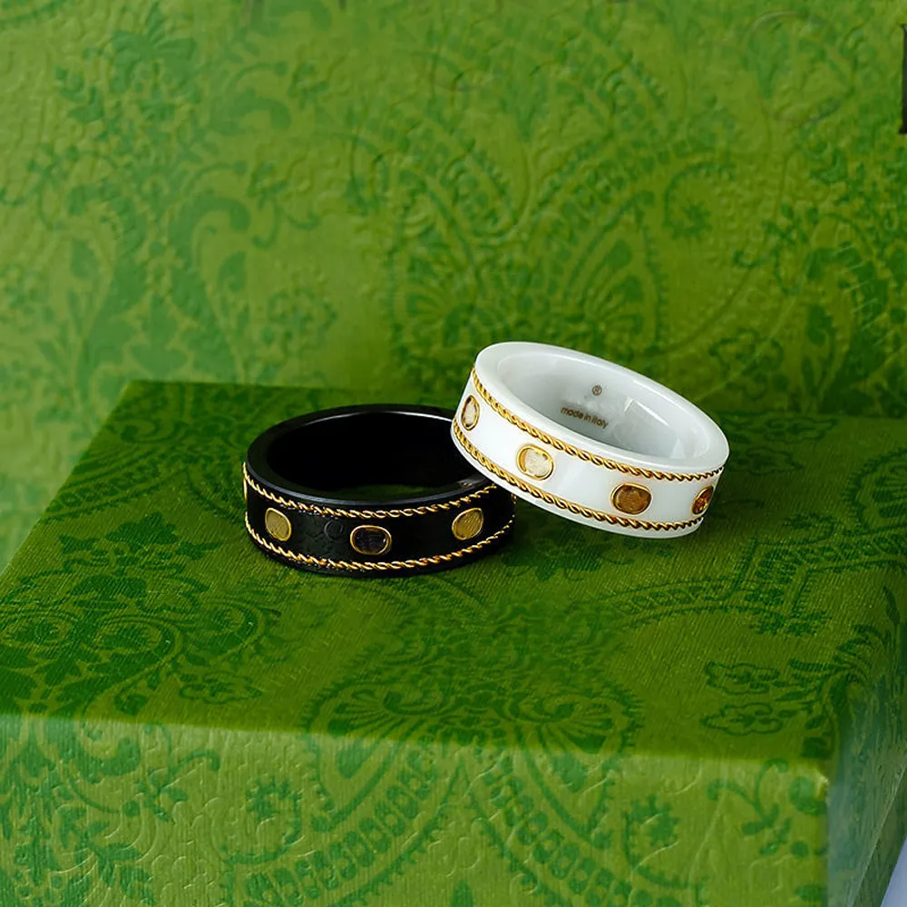 Banda cerâmica g letra anéis preto branco para mulheres homens jóias anel de ouro