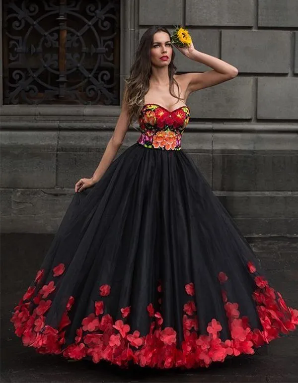 Sexy Vestido de noche de flores de color negro y rojo rojo Aline Sweetheart  Tulle Bordado