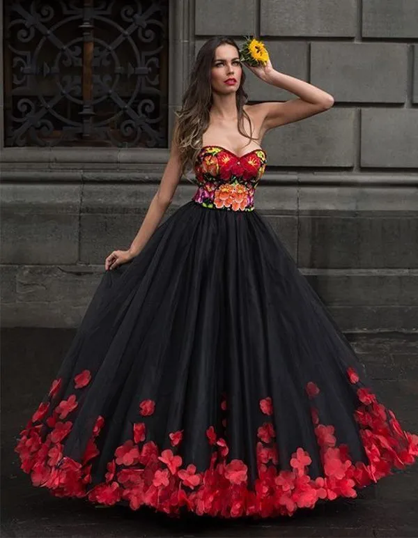 Sexy Vestido de noche de flores de color negro y rojo rojo Aline Sweetheart Tulle Bordado Sexy Vestido de noche de flores de color negro y rojo rojo Aline Sweetheart Tulle Bordado