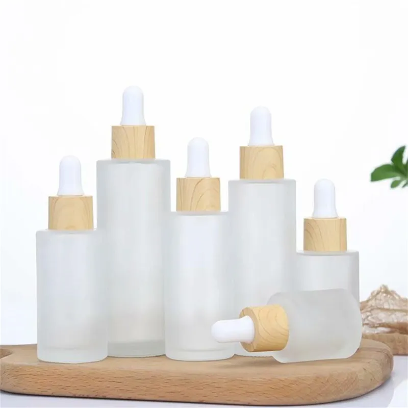 Frosted Glass Dropper Bottle Empty Essential Oil Bottles Cosmetic Container with Imitated Bamboo Cap 20ml 30ml 40ml 50ml 60ml 100ml 120ml