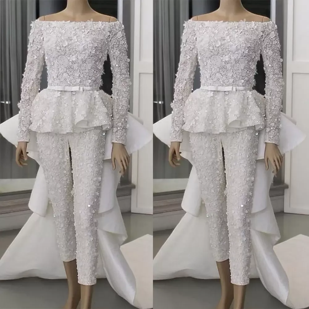 Robes de soirée à sauts à manches longues avec un manche détachement perle d fleural applique personnalisé en tulle sweep trains de bal robe vestiaire vestide