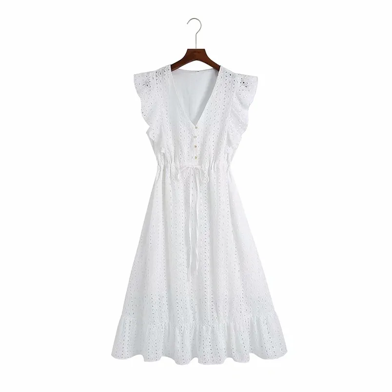 Ihålig ut vit djup v nacke ruffle spets sommar klänning kvinnor semester strand sexig ärmlös lång elegant 210531