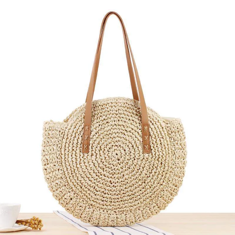 2022 women handbag summer new simple circular straw bag hand-woven woman shoulder bag sweet hollow crocheted beach bags