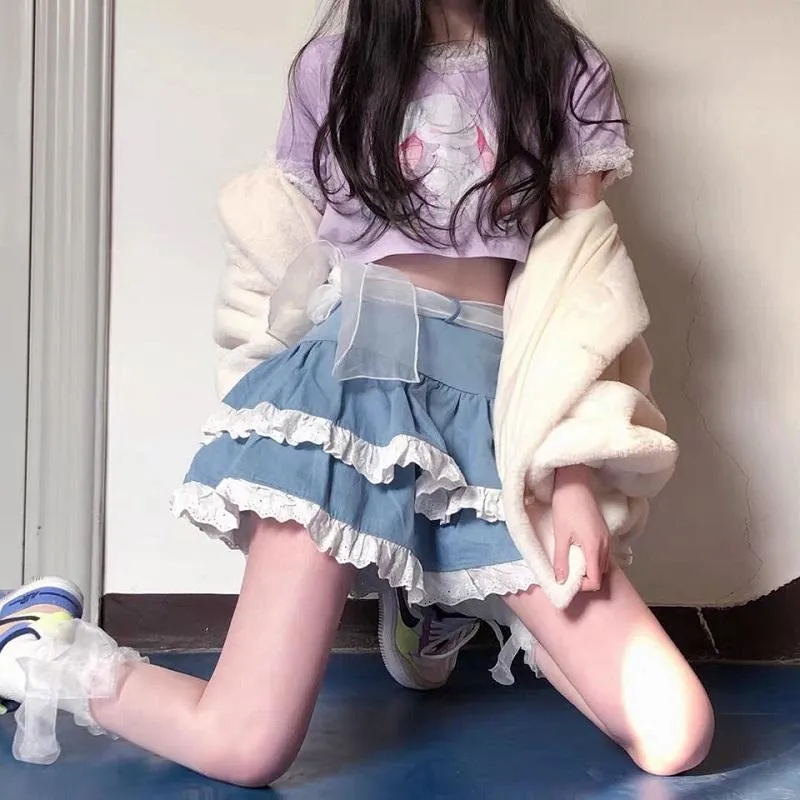 Юбка Джинсовая юбка Женская японская опрятное стиль сладкий и милый кружев