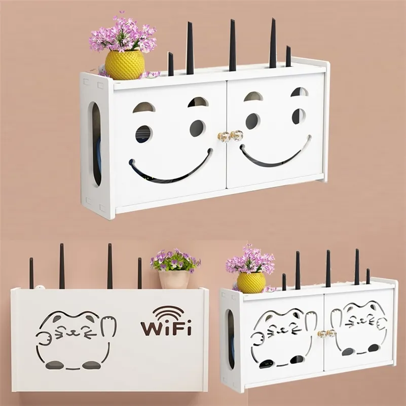 Trådlös WiFi Router Förvaring Box PVC Panel Hylla vägg Hängande Plug Bracket Kabel Storage Arrangör Heminredning Brand Retardant 210626