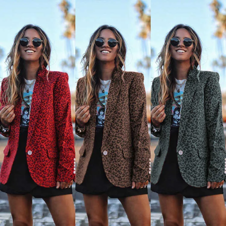 2019 Leopard Print Blazer Feminino Clothes with Button Blazer Jacket Yellow Red Grey Colors Fashion Womens Jackets and Coats X0721