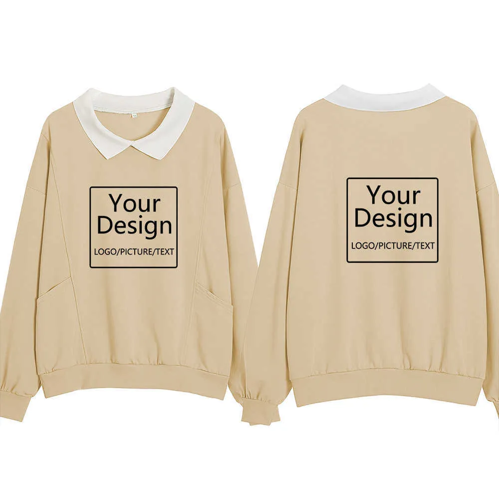 Women Cotton Cute Turn-down Collar Long Sleeve Sweatshirts Vintage Loose DIY Custom Hoodies Text Photo Print Pocket Coat Y0820