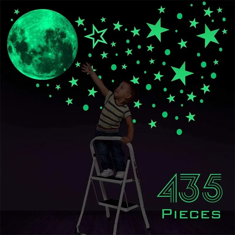 435 Pz / set 3D Bubble Stelle luminose Dots Wall Sticker Camera dei bambini Camera da letto Decorazione domestica Decal Glow in the dark Adesivi fai da te 210310