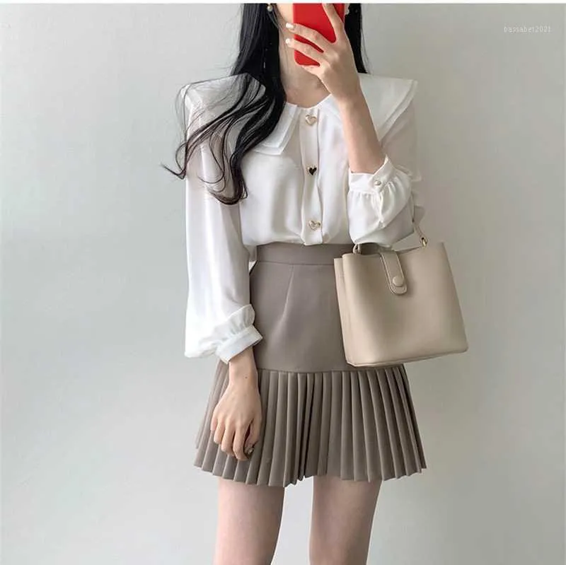 Saias verão curto cintura alta para mulheres chiffon manga comprida dois pedaços cute coreia estilo casual sólido saia saia terno