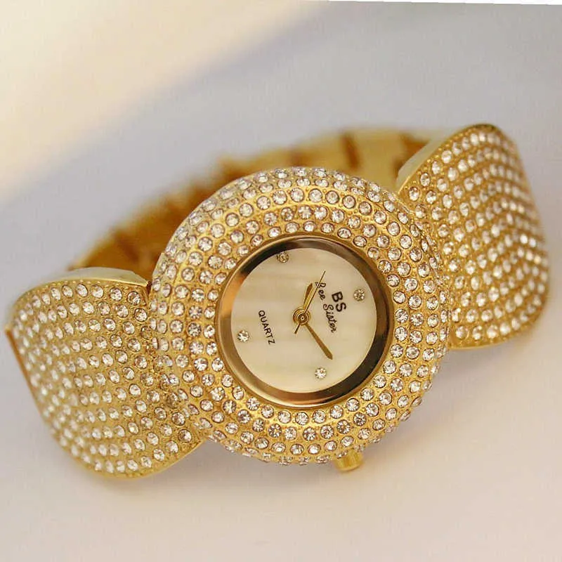 BS Full Diamond Horloges Dames Luxe Merk Elegante Jurk Dames Polshorloges Roestvrijstalen Klok Relogio Feminino 210527