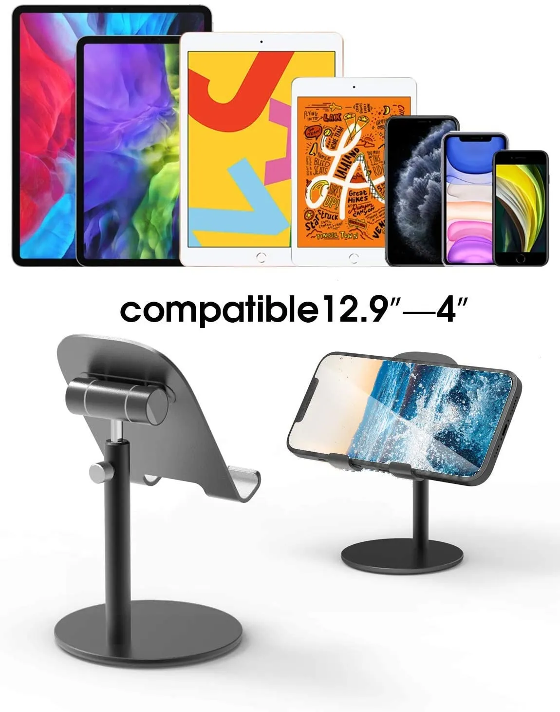 Supporto Pieghevole Per Tablet E Smartphone, Regolabile A Due Assi, In ABS, Per IPad, Kindle, Telefono, Da Scrivania, Nero - 2