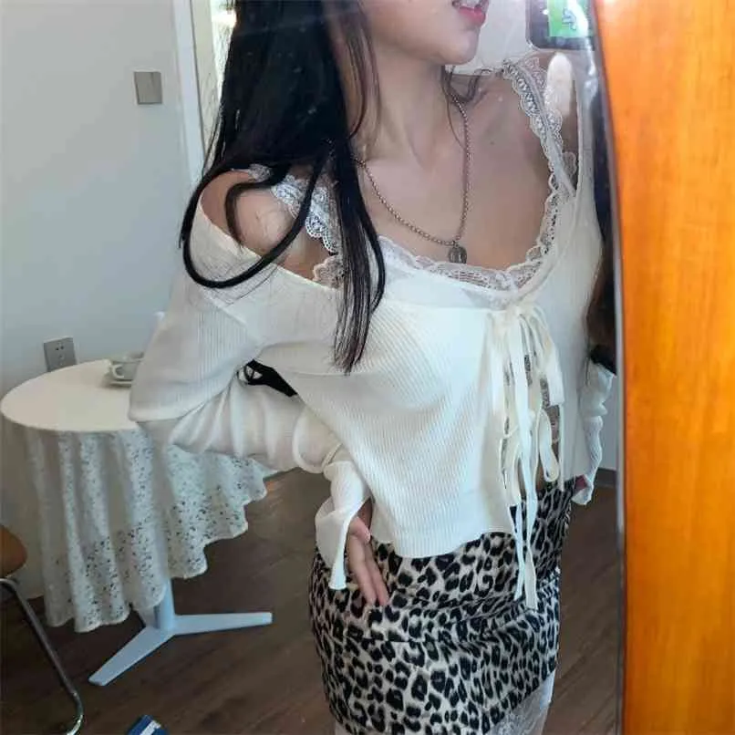 Pull tricoté femmes mode coréenne à lacets col en V à manches longues Cardigans solide blanc Slim Fit femmes hauts 210529