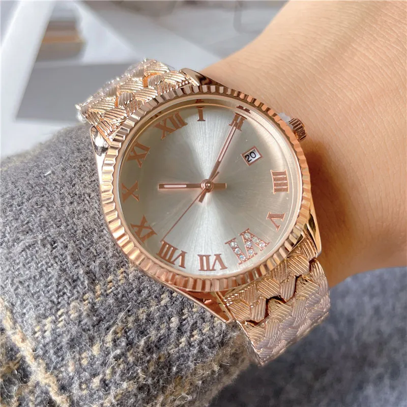 Brand Watches Women Girl Beautiful Big Roman Numerals Style Metal Steel Band Quartz Wrist Watch X208