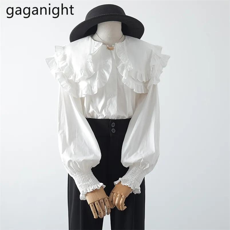 Eleganta Ruffles Women Blouse Peter Pan Collar Lantern Sleeve Tröja Kontor Lady Solid White Shirts Spring Blouses Chic 210601