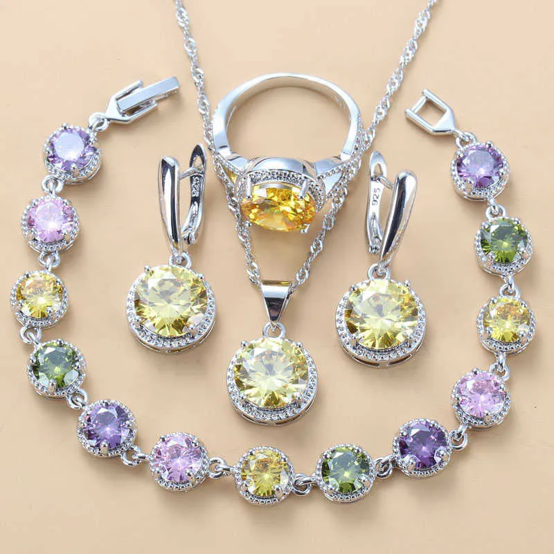 Glanzende gele kleurrijke zirkoon kostuum ronde sieraden sets voor vrouwen ketting en oorbellen bruids bruiloft sets H1022