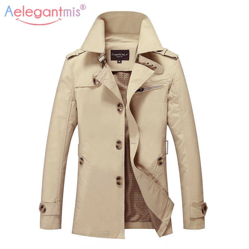 Aelegantmis Plus Storlek Män Trench Coat Mens Slim Jacket Coats Slå ner Krage Business Jackets Male Overcoat Bomull Windbreaker 210607