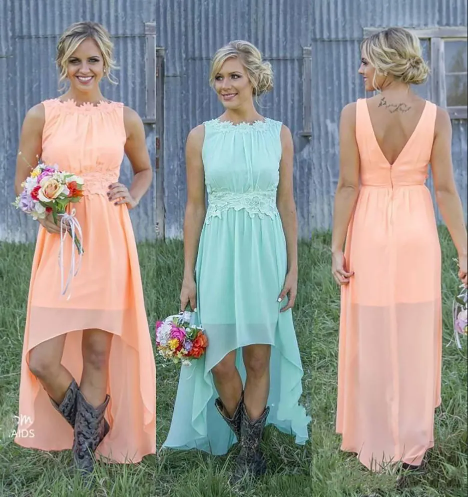 2021 Nieuwe Goedkope Land Bruidsmeisjes Jurken Bateau Backless High Low Chiffon Coral Mint Green Beach Maid of Honour Jurk voor Wedding Party Prom