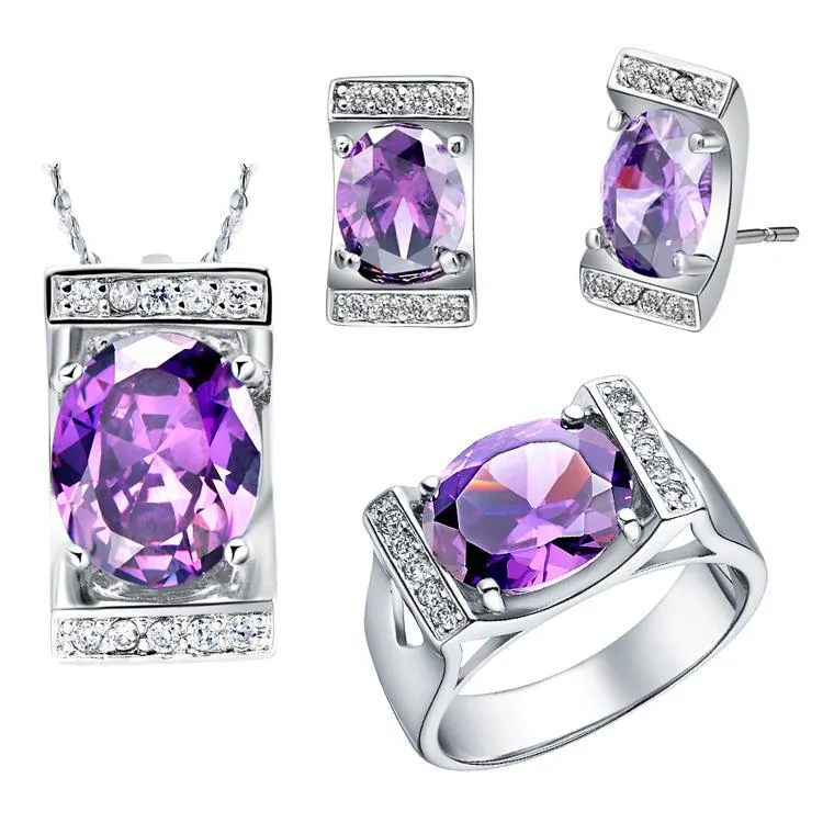 Earrings & Necklace High Quality Women Wedding White Gold Vintage Cubic Zirconia Pendant Earring/Necklace/Ring Squareness Inlay Purple Zirco