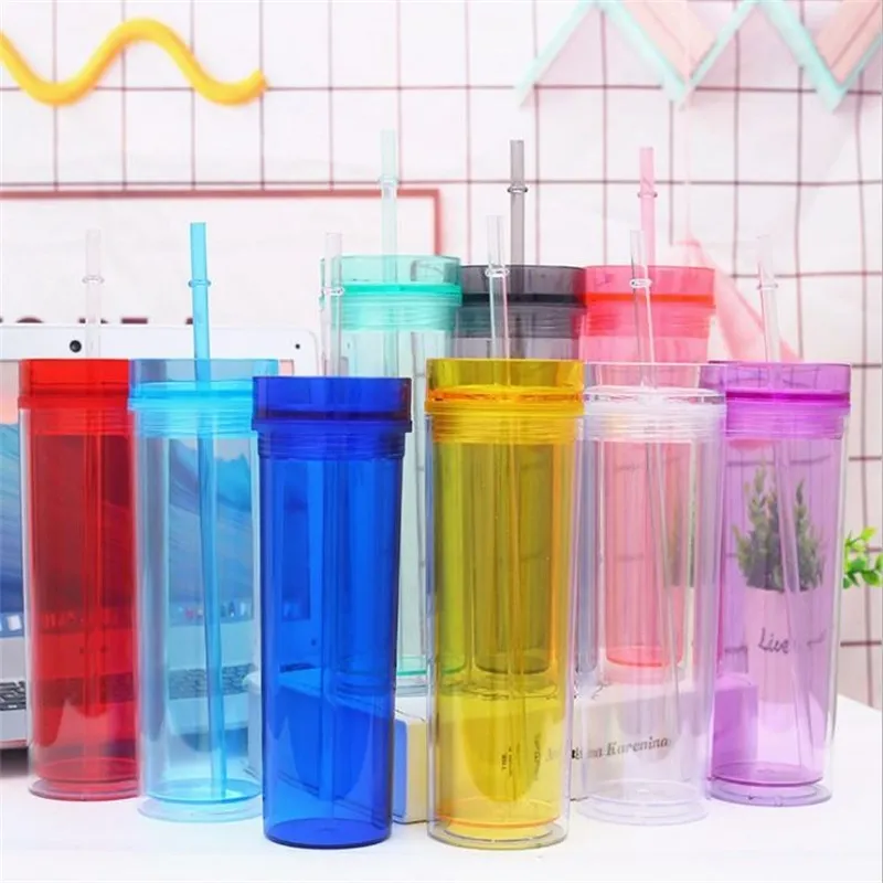 Akrylowy Tumbler 16 uncji Tubler Proste Tumblery Travel Kubek Double Wall Clear Plastic Bumblers z pokrywką i słomy 376 S2