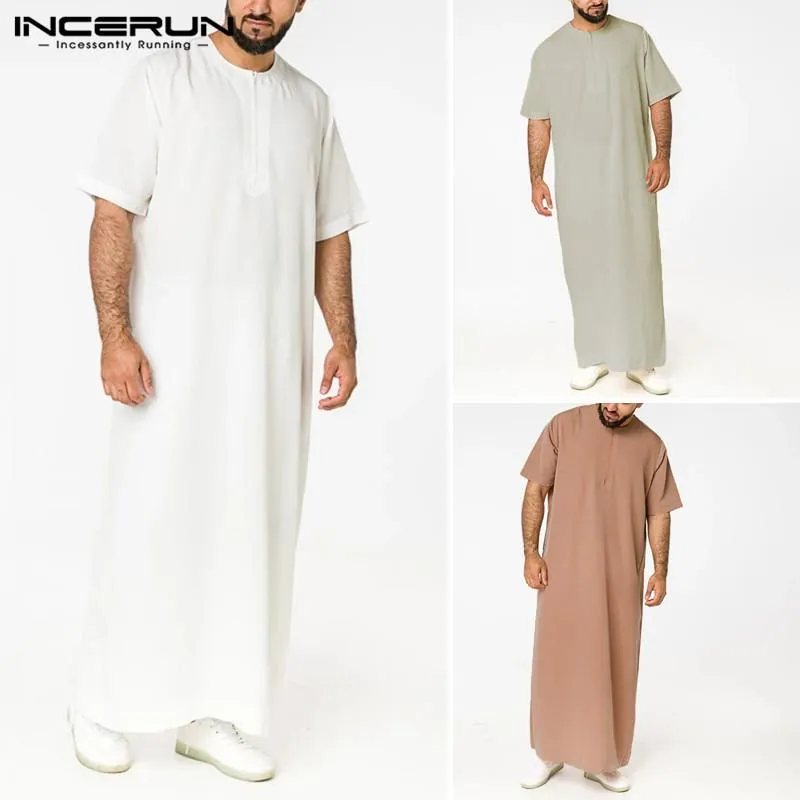 Saudi-stil Dragkedja Jubba Thobe INCERUN Män Enfärgade Robes Man Vintage Kortärmad O-hals Muslim Arabiska Islamiska Kläder S-5XL