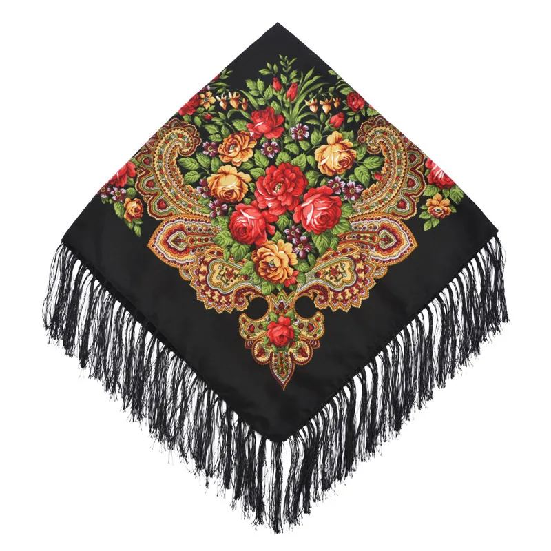 Sciarpa quadrata da donna in stile nazionale russo, scialle di cotone con nappa, foulard, 90x90cm