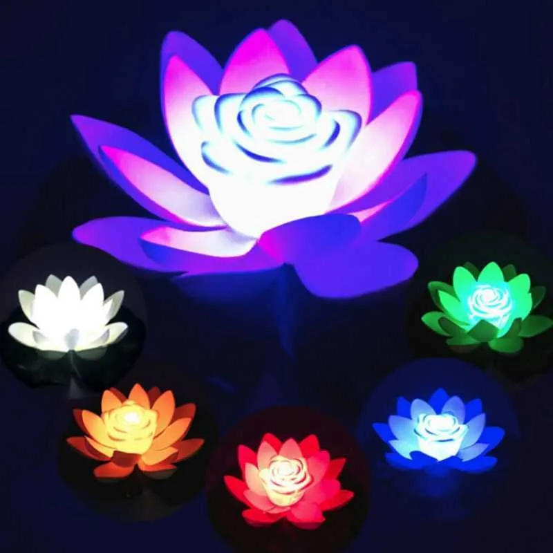 Artificial Lotus Light LED Colorful Lotus Waterproof Fake Lotus Pond Flowers Leaf Lily Water Lantern Festival Decorations Lights Y0630