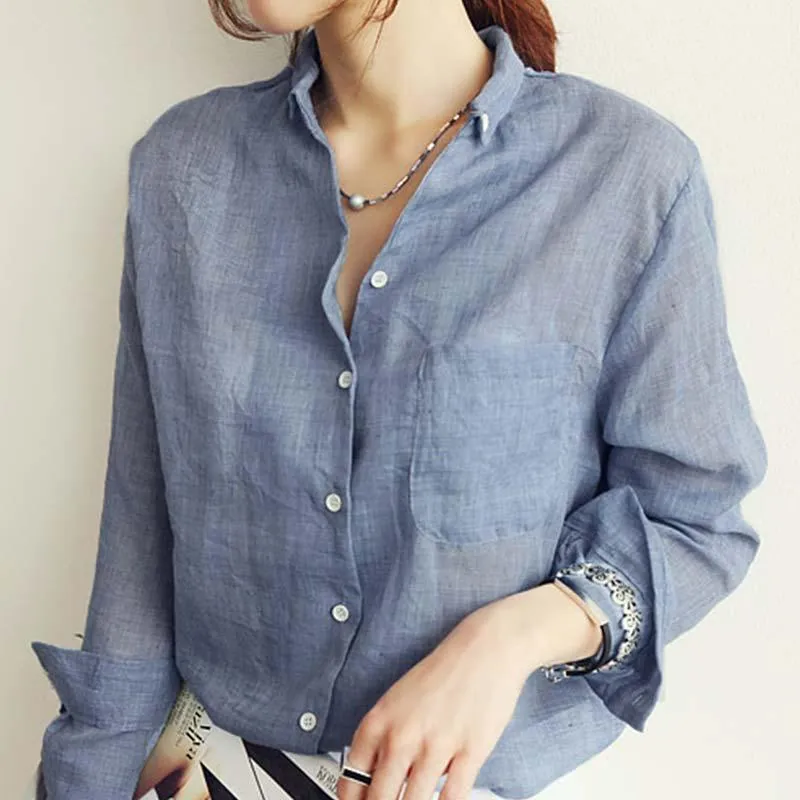 Mode confortable femmes coréennes à manches longues Blouse élastique bleu lin femmes hauts blanc 1PC gris doux taille S/M/L/XL/XXL