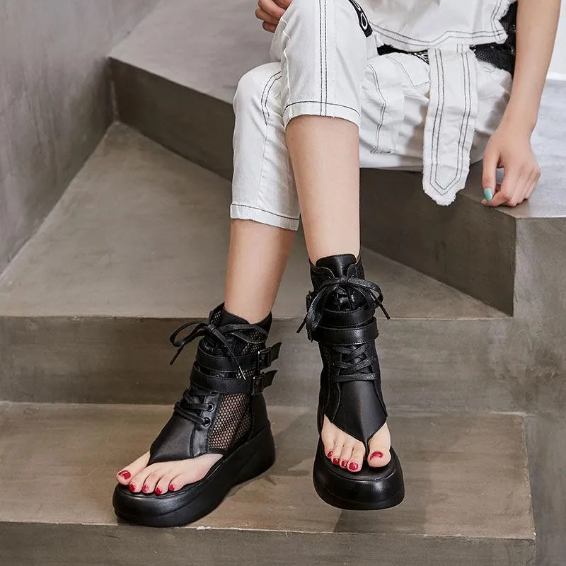 Sandales de gladiateur ajourées pour femmes, chaussures plates à bout ouvert, en cuir véritable, bottes Cool d'été, à la mode, 2021