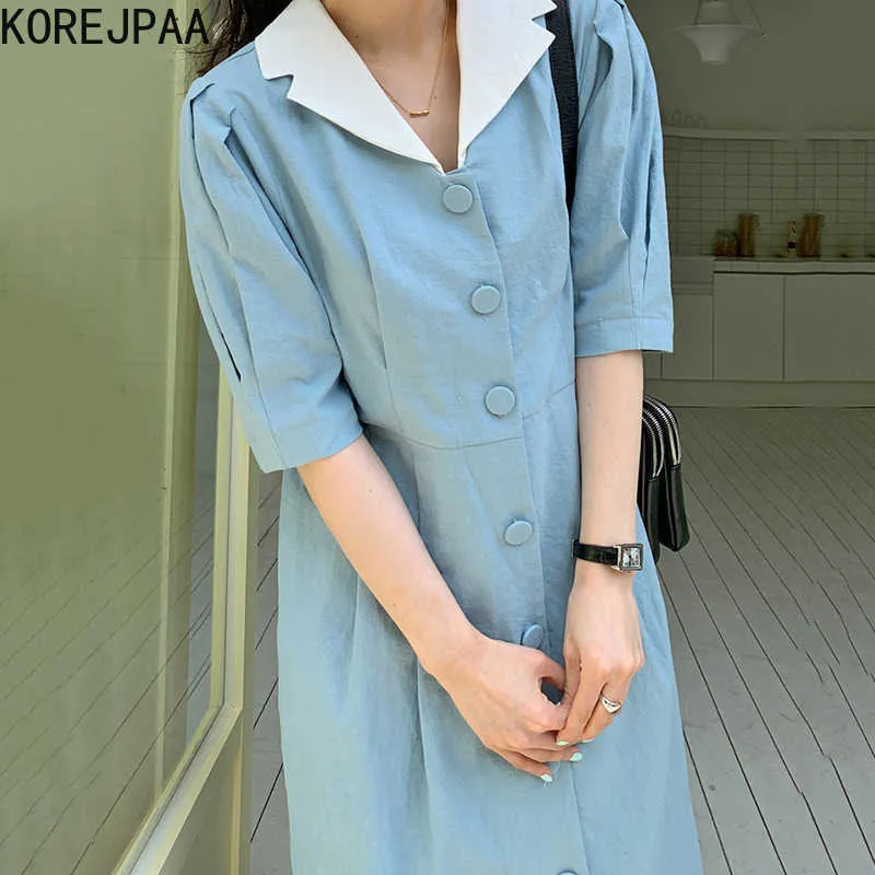 Korejpaa Frauen Kleid Sommer Sanftes Temperament Revers Abnehmbare Kontrastfarbe Einreiher Plissee Puff Sleeve Vestidos 210526