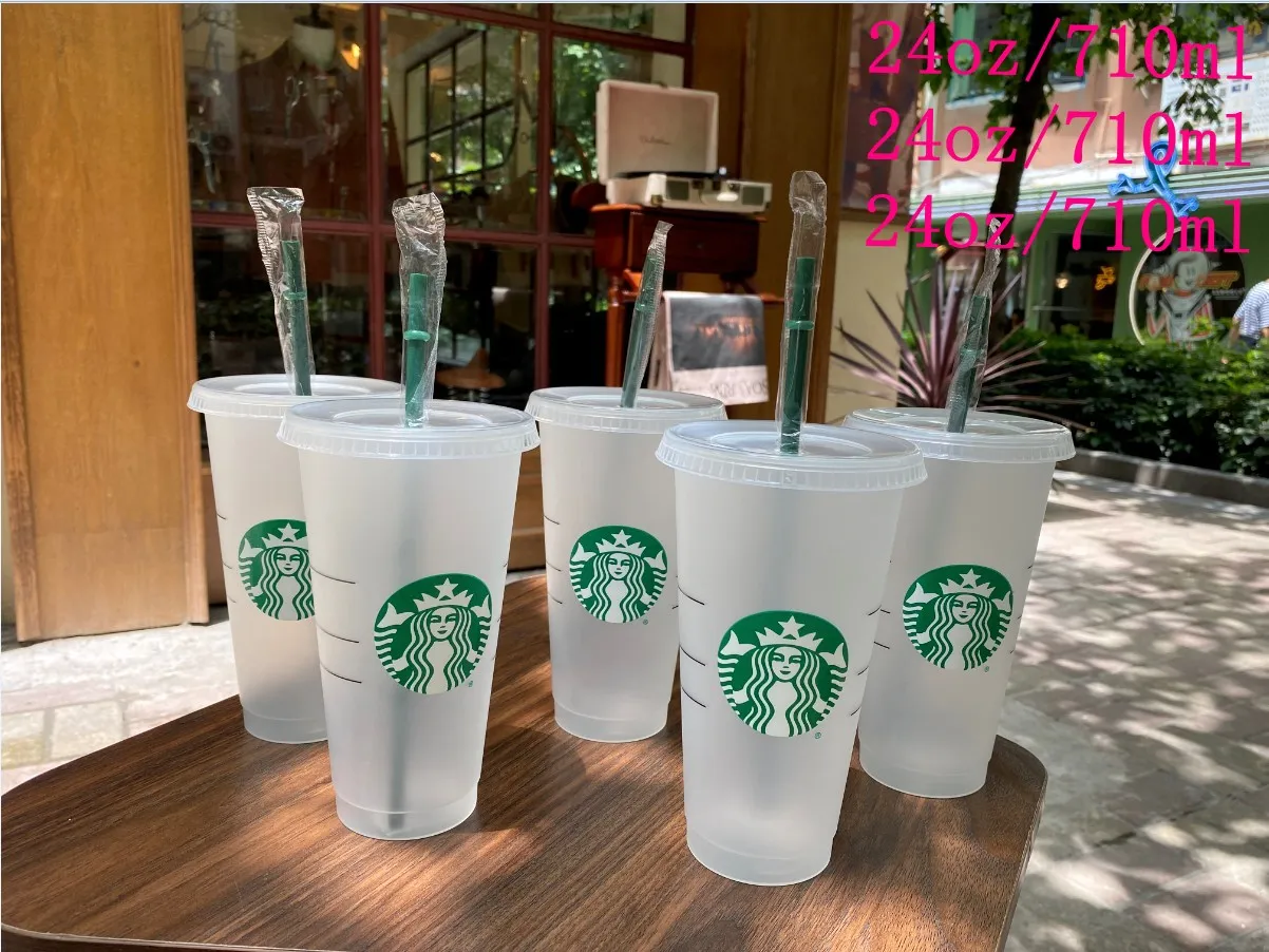 Starbucks حورية البحر آلهة 24 أوقية / 710 ملليلتر أكواب بلاستيكية بهلوان قابلة لإعادة الاستخدام واضح شرب مسطحة قاع أكواب عمود شكل غطاء القش برديهة من دي إتش إل