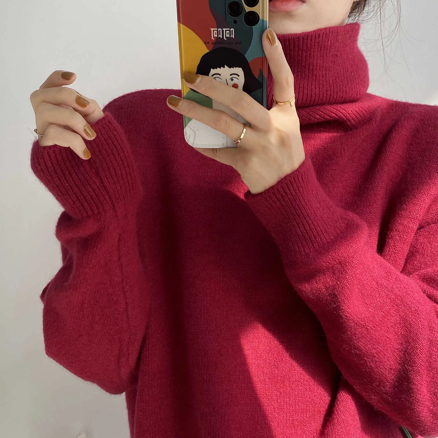 Turtleneck Sweater Kvinnors Solid Färg Loose Korean Winter Stick Outside Wearing 210607