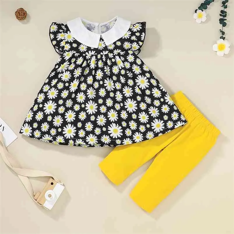 Sommarbarn sätter Casual Short Sleep Peter Pan Collar Print Daisy Dress Yellow Trousers 2pcs Girl Boys Clothes 210629