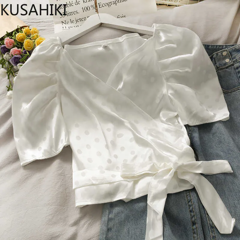 Bow Bandage Korte Blouse Tops Koreaanse Dot Puff Sleeve V-hals Shirt Lente Zomer Blusas de Mujer 6F952 210603