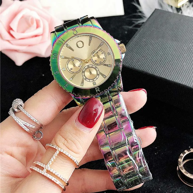 인기 캐주얼 탑 브랜드 여성 소녀 크리스탈 스타일 다채로운 철강 금속 밴드 쿼츠 손목 시계 P83
