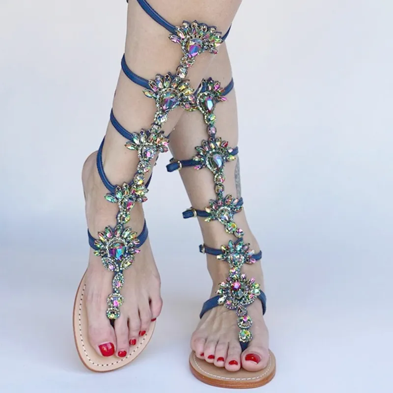 Gold Rhinestone Gladiator Jeweled Sandals With High Buckle Strap
