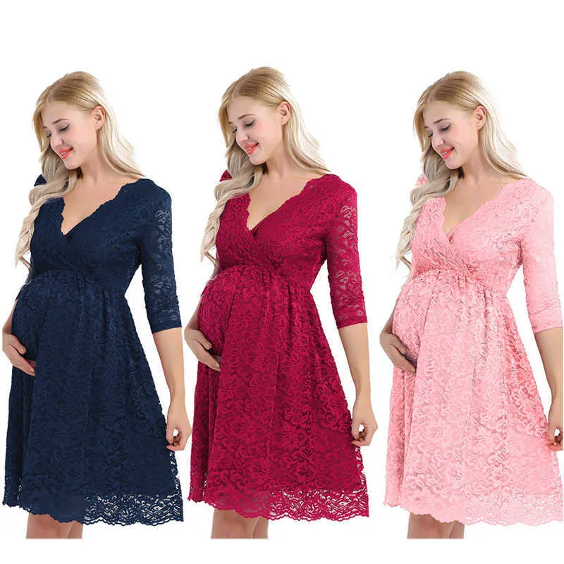 Womens Maternity Elegant Floral Lace Overlay V Neck Half Sleeve Knee Length Pregnant Photography Dress for Formal Evening Party