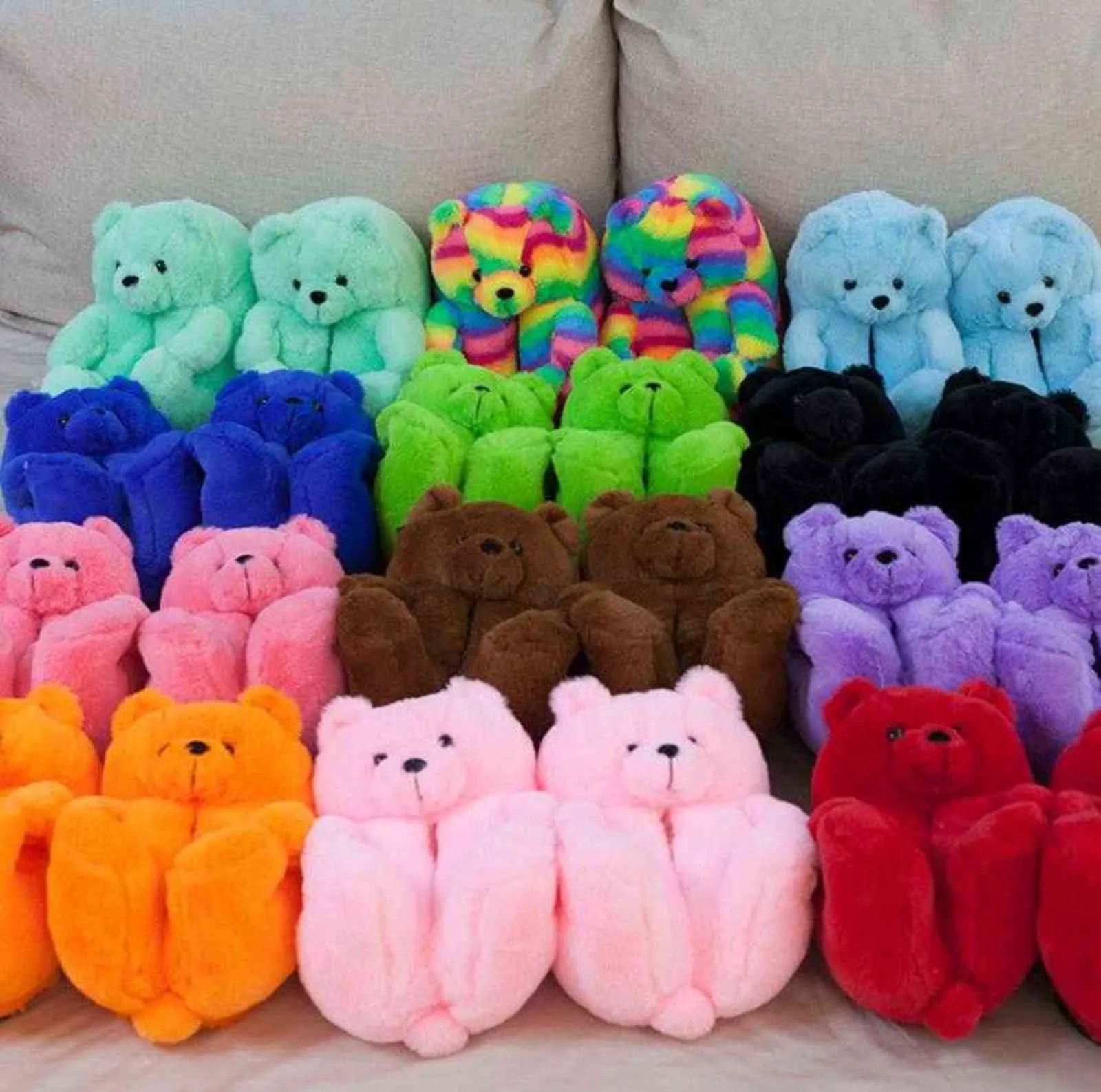 Teddybeer Vrouwen Chirstmas Pluche Slippers Warm Harige Pluche Slides Vrouw Harige Slippers Schoenen Schattige Beer Huis Katoen Slippers H1115