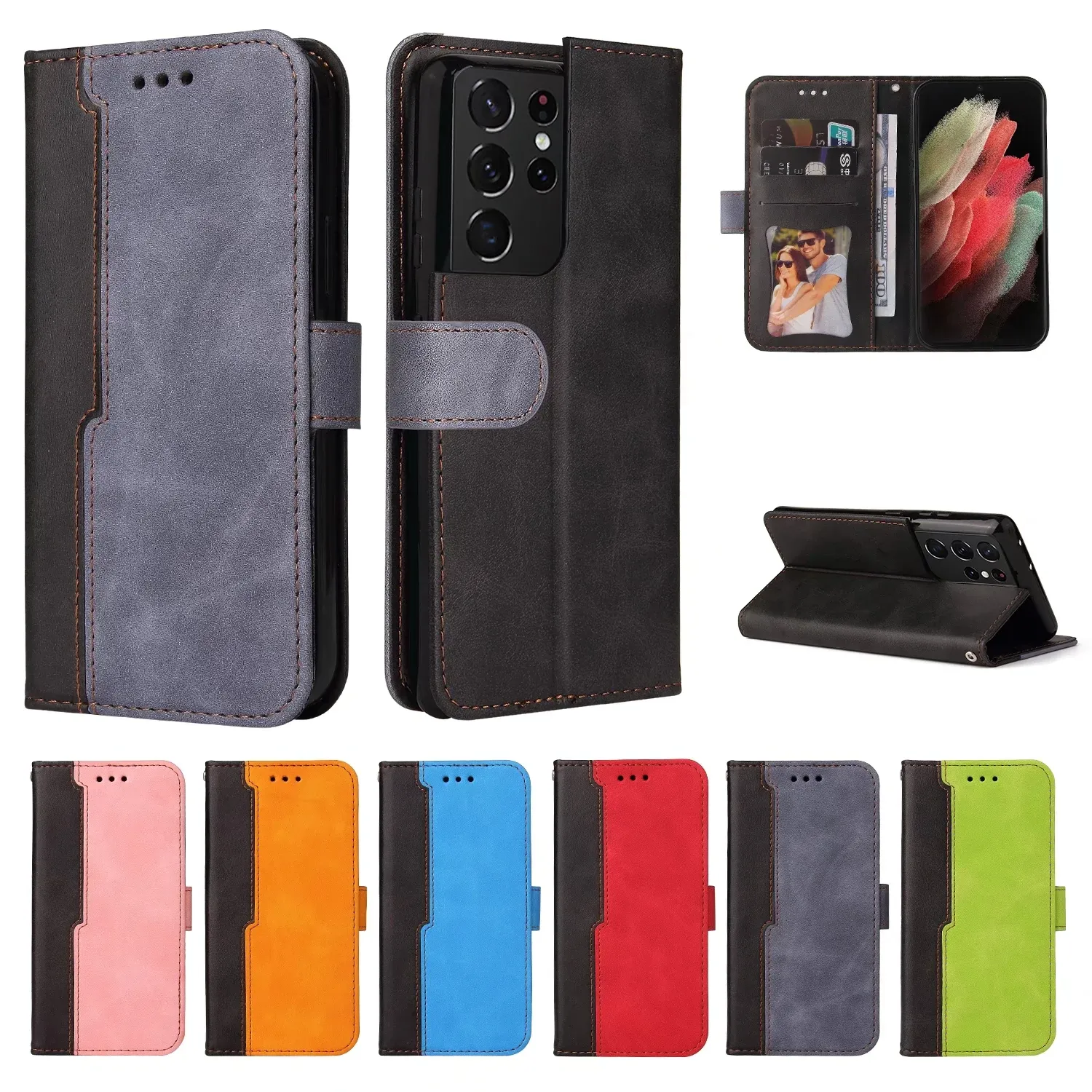 PU Leather Phone Cases for Samsung Galaxy S22 S21 S20 Ultra S10 Plus - Business Stitching Wallet Flip Kickstand Protective Cover Case with Card Slots