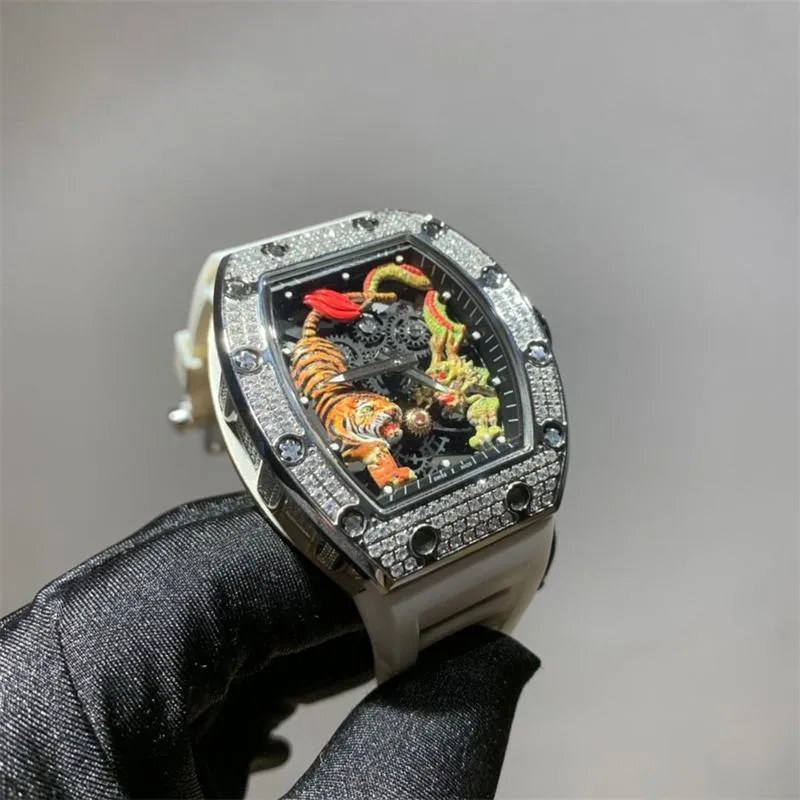 Men's Dragon Tiger flywheel mechanical full drill watch natural tape butterfly buckle 42mm