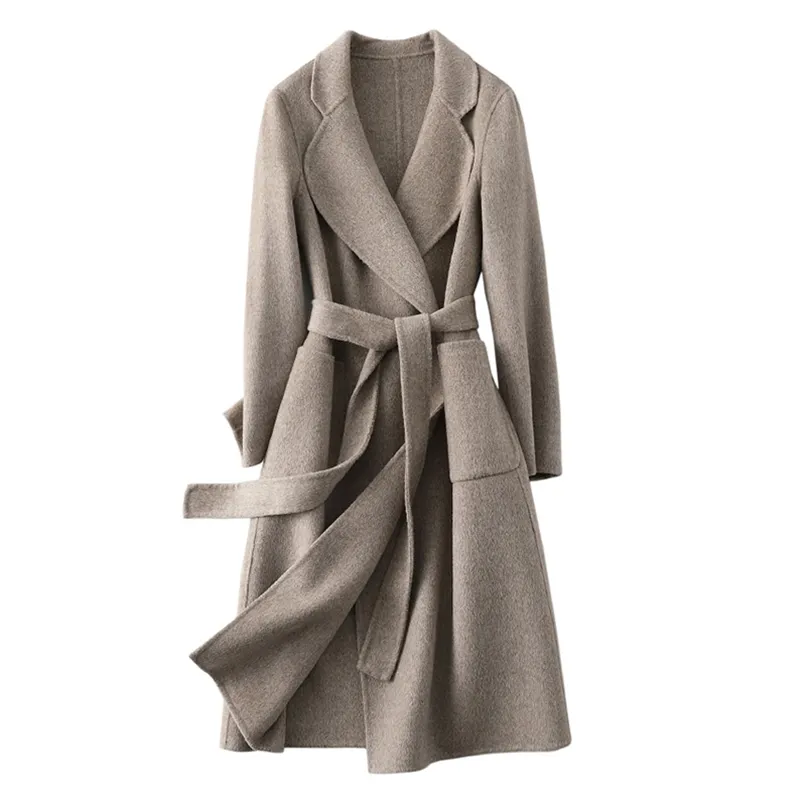 Manteau en cachemire Double face classique d'hiver manteau en laine pour femmes avec ceinture S3652 211130