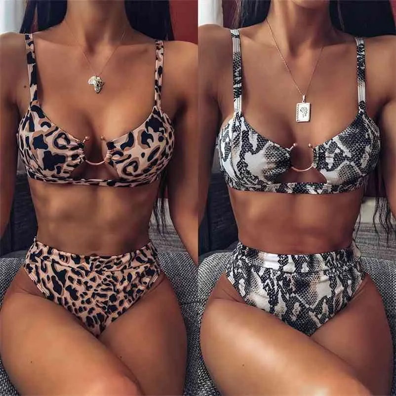 Sexiga Kvinnor Högt Midja Leopard Bikini Baddräkt Badkläder Kvinna Snake Skriv ut Brasiliansk Biquini Set Badräkt Bäder 210621