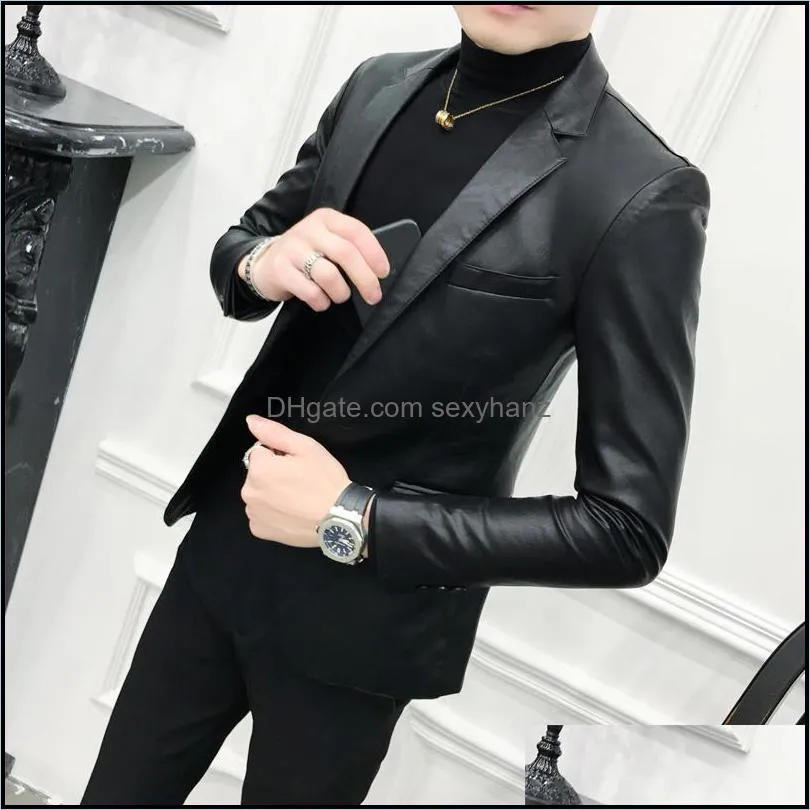 Men`s Fur & Faux Leather Jacket Business Fashion Solid Color High Quality Casual Slim Brand Party Black