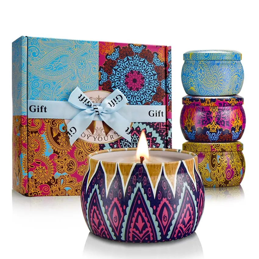 Velas aromáticas Set de regalo Soja Portable Travel Tin Candle Poner en fragancias Aceites esenciales para aliviar el estrés Baño de aromaterapia Decoración para el hogar 4pcs / set Juegos de vidrio HH21-367