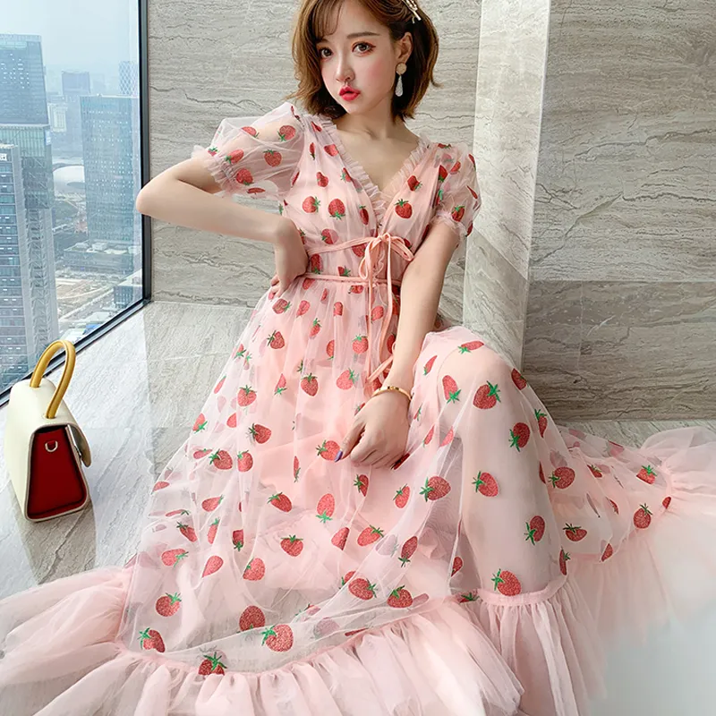 Runway Rhinestone Diamonds Strawberry Pink Mesh Maxi Dress Women Short Puff Sleeve Sexy V-neck Lace-up Bow Tunic Lolita Dress (26)