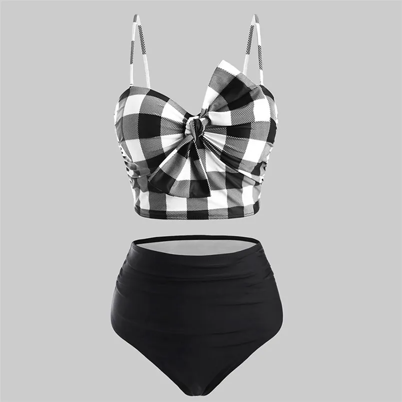 Swimwear Mulheres Swimsuit Vintage Dois Peça Retro Halter Ruched Cintura Alta Impressão Biquini Biquini Sexy 210722