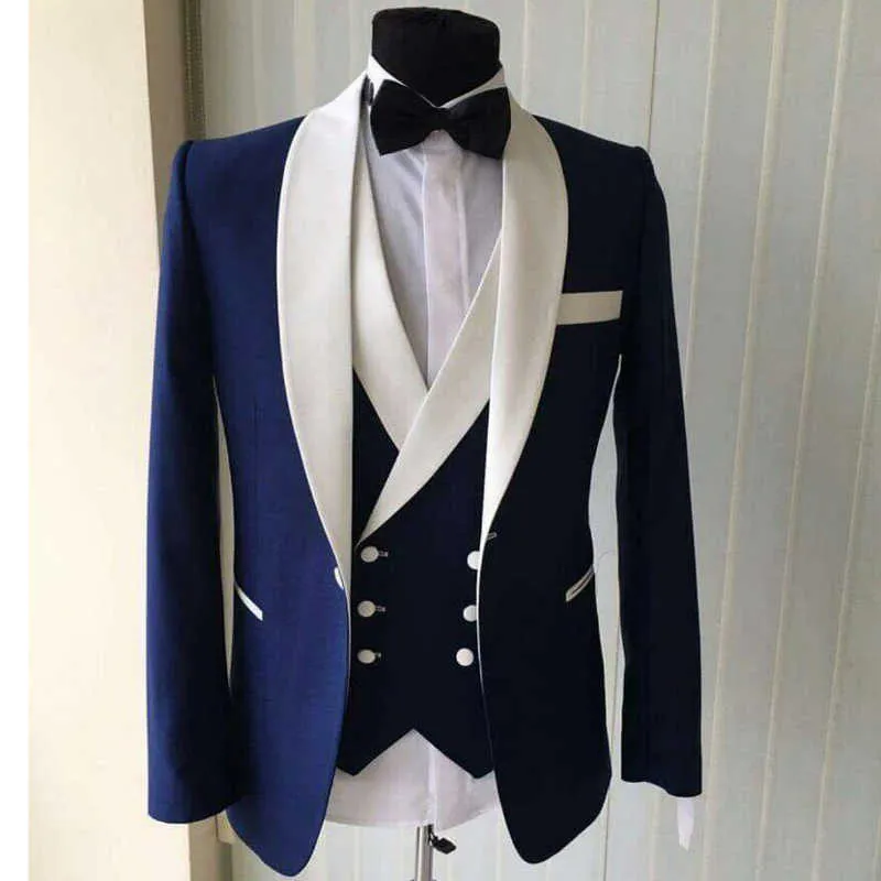 3 Piece Blue Groom Tuxedo for Wedding with White Shawl Lapel Slim fit Men Suits Double Breastd Waistcoat Man Fashion Jacket X0909